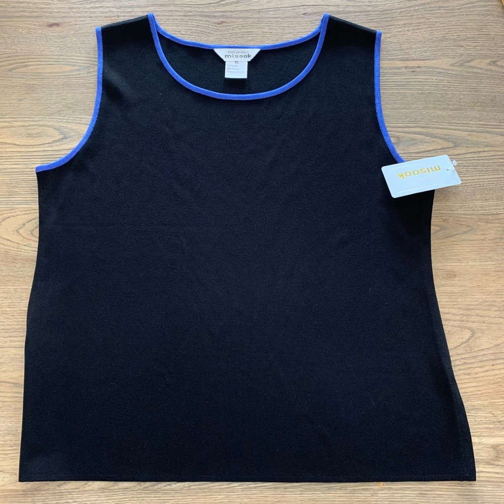 Misook Womens XL Black Knit Sleeveless Tank Top Blue Trim Scoop Neck NWT